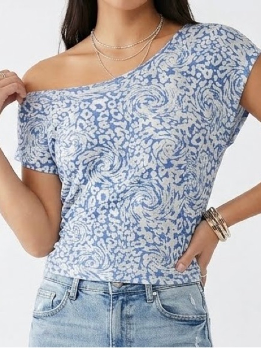 Y2K Blue and White Swirl Animal Print Ruched Dolman Top